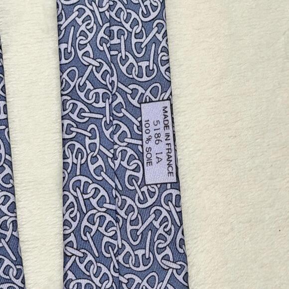 Hermes Mens Silk Tie Blue White Anchor Chain Chaine d'Ancre Print France 5186 IA - Picture 4 of 6